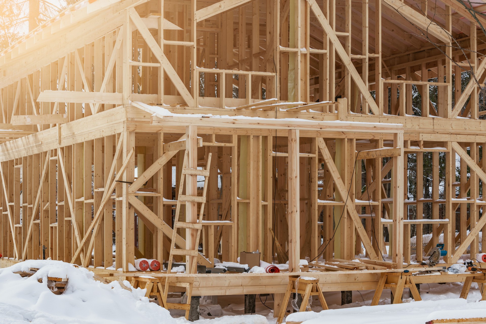 Construction site of the private wooden house.